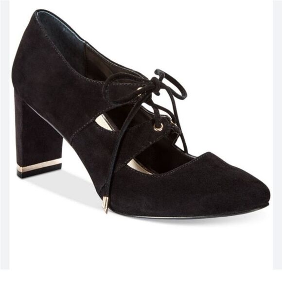 Alfani Prima Binddi Lace Up Pumps Block Heel Black Suede SZ 6.5 Whimsigoth Vamp - Picture 2 of 10